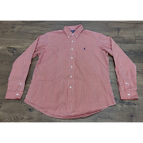Vintage Ralph Lauren Button Shirt Mens XL Striped Orange White Custom Fit 80s - Picture 2 of 11
